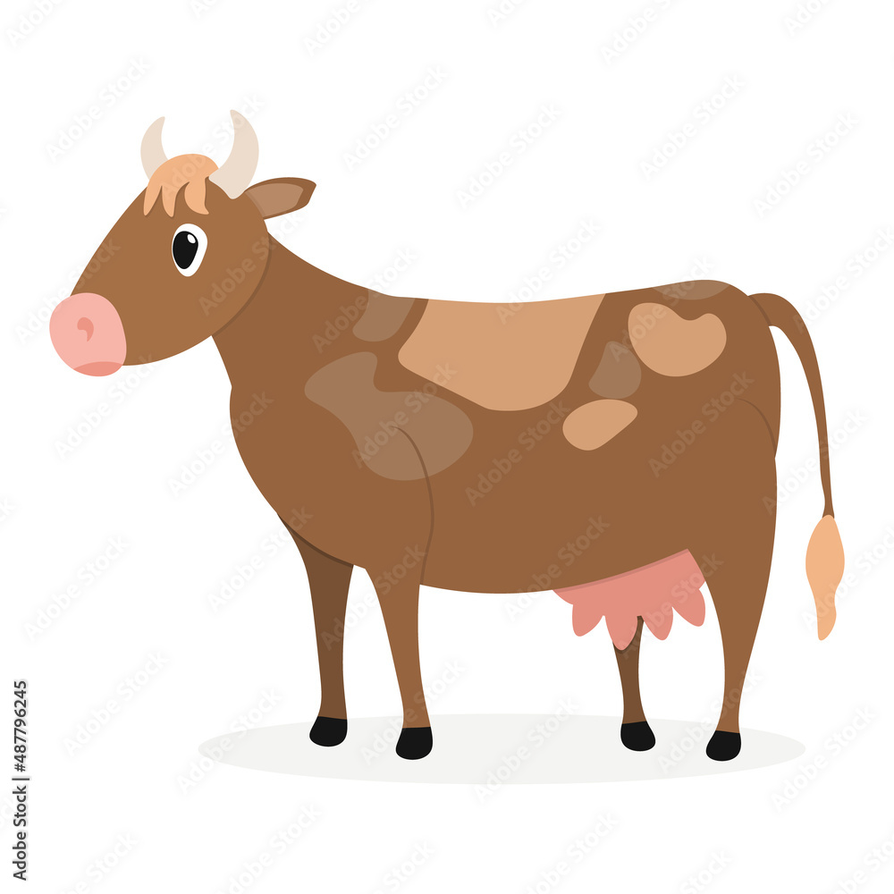 Cute cow. Vector illustration in cartoon style. Children's room decoration, print design for children's clothing. Greeting card design for girl or boy. Brown color of cow. Vector design of cattle.