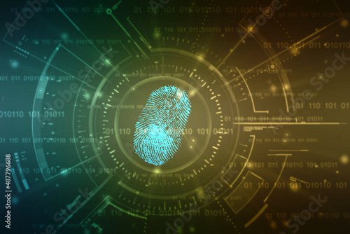 Abstract security system concept with fingerprint on technology background  Fingerprint Scanning Identification System. Biometric Authorization and Business Security Concept