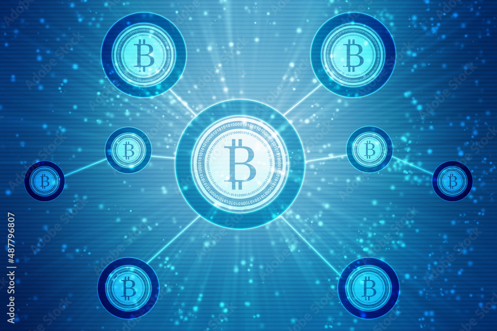 Fototapeta premium Global Abstract Bitcoin Crypto Currency Blockchain Technology World Map Background Illustration