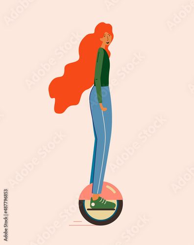 Abstract electric unicycle vector illustration concept. A young girl rides a unicycle - an abstract metaphor for physical activity.