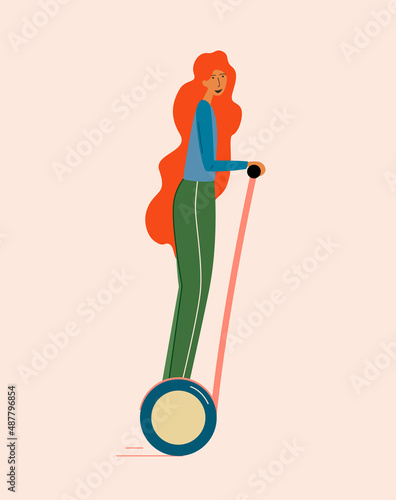 Girl riding hoverboard. Vector illustration in flat style, electric transport concept