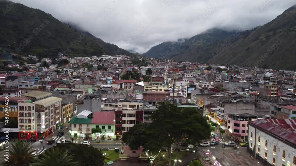 Unique drone shot at center of Baños de Agua Santa Unique drone shot at center of Baños de Agua Santa