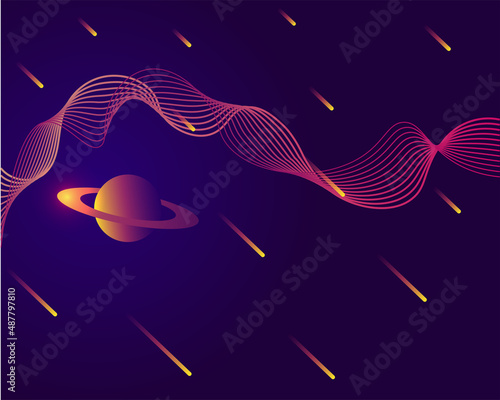 Space background with the planet saturn and falling comets, asteroids, stars. Vector.