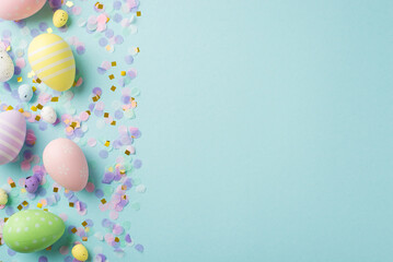 Top view photo of easter decorations multicolored easter eggs gold pink and purple confetti on isolated pastel blue background with empty space