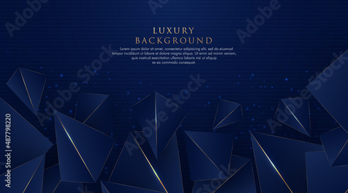 Abstract dark blue luxury background with triangles pattern and gold lighting lines. Geometric overlapping layer elegant style with copy space, for poster, cover, print, banner. Vector illustration