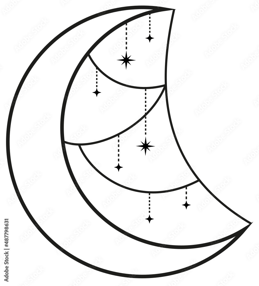 Crescent Moon Outline with Hanging Stars Icon. Magical occult element in graphic style. Hand drawn magic Logo. Sorceress collection. Sacred mysterious art Crescent Moon Outline with Hanging Stars Icon. Magical occult element in graphic style. Hand drawn magic Logo. Sorceress collection. Sacred mysterious art
