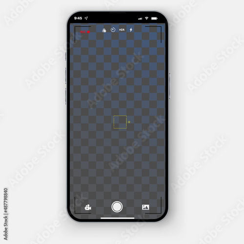 Modern smartphone with camera application. User interface of camera viewfinder. Focusing screen in recording time.