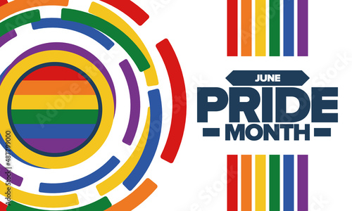 Pride Month in June. LGBT flag. Lesbian Gay Bisexual Transgender. Celebrated annual. Rainbow colours, love concept. Human rights and tolerance. Poster, banner and background. Vector illustration