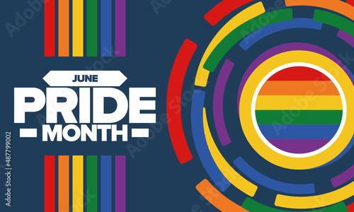 Pride Month in June. LGBT flag. Lesbian Gay Bisexual Transgender. Celebrated annual. Rainbow colours, love concept. Human rights and tolerance. Poster, banner and background. Vector illustration