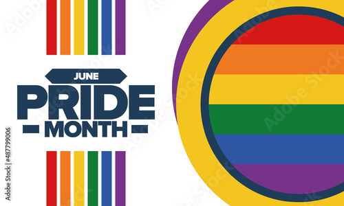 Pride Month in June. LGBT flag. Lesbian Gay Bisexual Transgender. Celebrated annual. Rainbow colours, love concept. Human rights and tolerance. Poster, banner and background. Vector illustration