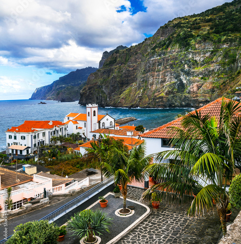 Madeira island scenery. stunning view of beautiful village Ponta Delgada in northern part. Portugal travel photo