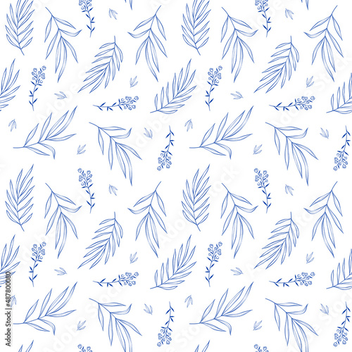 Seamless Pattern With Botanicals Classic Blue On White