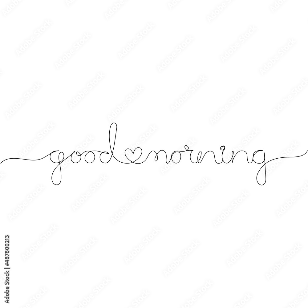 Good morning and heart. Handwritten inscription. Continuous one line drawing. Vector illustration. Good morning and heart. Handwritten inscription. Continuous one line drawing. Vector illustration.