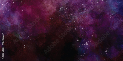 abstract night sky space watercolor background with stars. watercolor dark red-pink nebula universe. watercolor hand-drawn illustration. Pink watercolor ombre leaks and splashes texture.