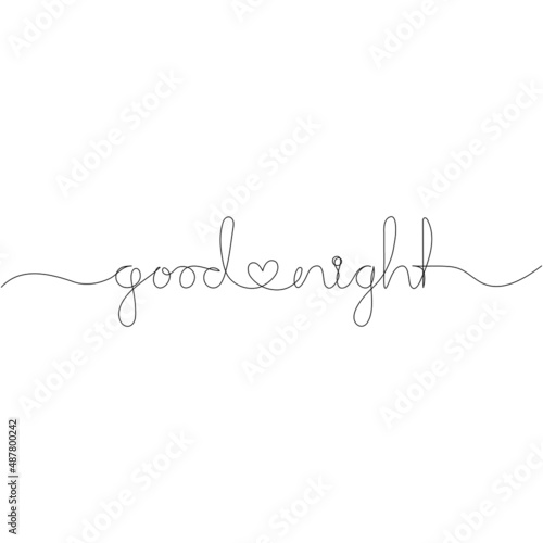 Good night and heart. Handwritten inscription. Continuous one line drawing. Vector illustration.