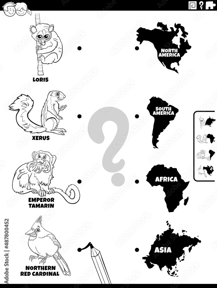 Fototapeta premium match animals and continents task coloring book page