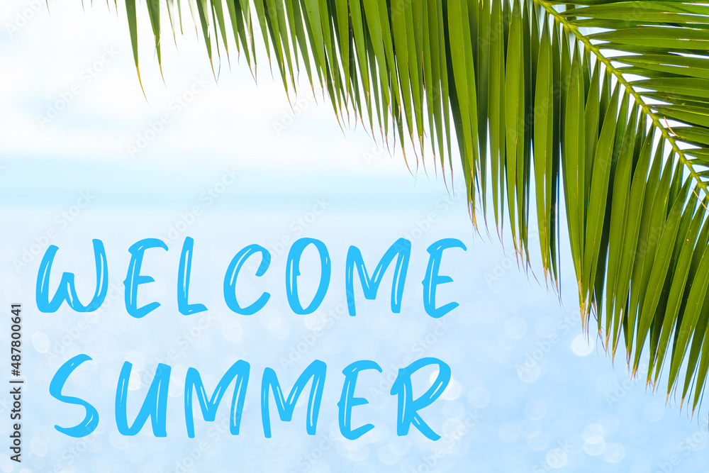 Welcome summer text on the background with palm leaf and blue sea. Template of a greeting card, postcard or advertisement of a tour agency. 