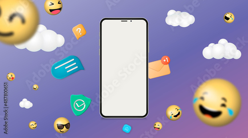 Modern frameless smartphone Mock up with blank white screen. Social media background advertising. Vector banner