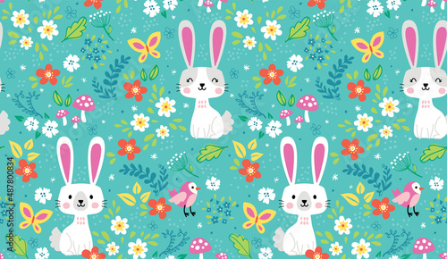 Adorable bunny rabbits celebrating spring in a field of flowers with butterflies, mushrooms, and birds. Seamless vector patterns are great for surface designs and backgrounds.