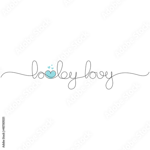 Baby boy - baby love concept. Handwritten inscription with blue hearts. Continuous one line drawing.Minimal art.