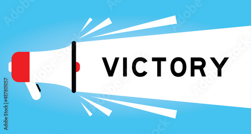 Color megphone icon with word victory in white banner on blue background