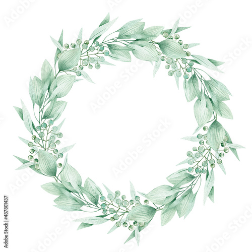 Watercolor illustration card green leaves and berries wreath. Isolated on white background. Hand drawn clipart. Perfect for card  postcard  tags  invitation  printing  wrapping.