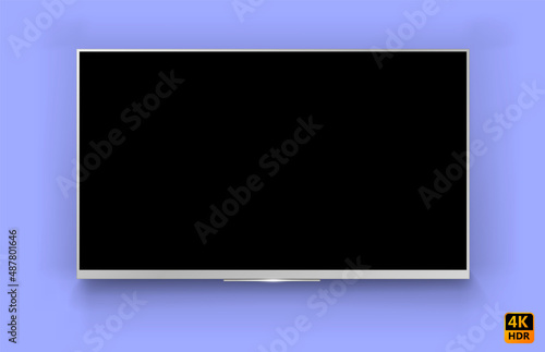 Realistic TV screen on a isolated baskgound. 3d blank led monitor. Smart TV Mockup wide flatscreen monitor hanging on the wall