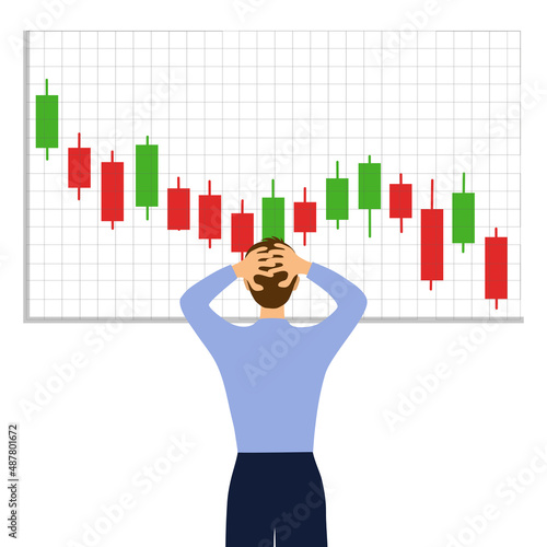 Anxiety young man trader looking at stock market candle sticks graph indicator in flat design on white background.