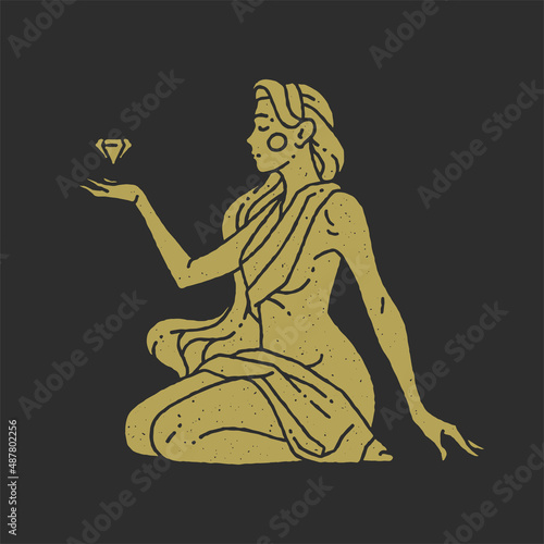 Antique Greek esoteric woman goddess holding gems jewellery grunge texture minimalist design