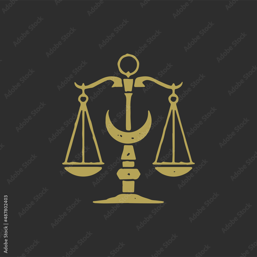 Retro scales with hanged bowls and half moon symbol of balance, harmony, equality, wisdom grunge Retro scales with hanged bowls and half moon symbol of balance, harmony, equality, wisdom grunge