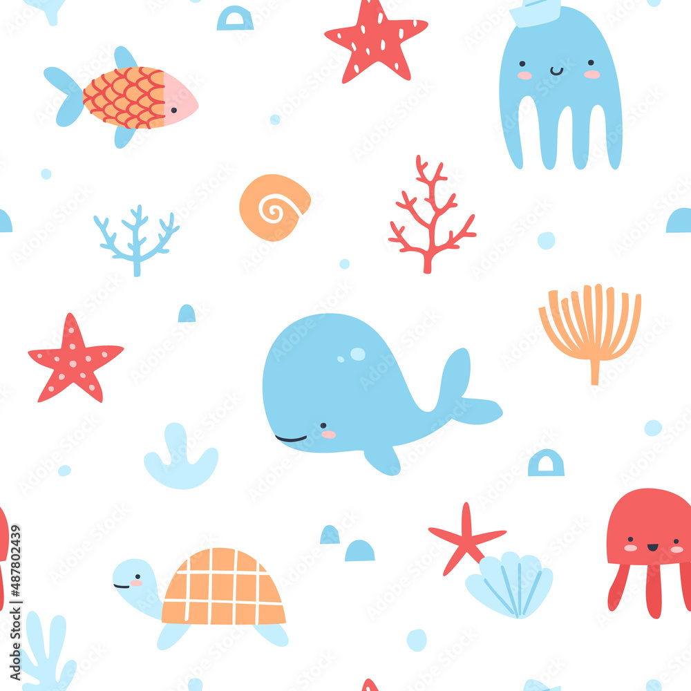 Cute underwater sea pattern. Happy aquatic animals seamless vector print for kids shower.