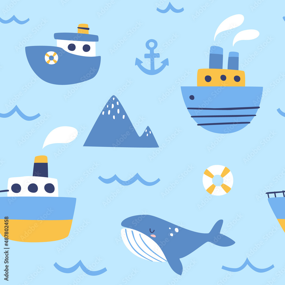Cute marine baby pattern with steamship and whale. Seamless vector sea print for textile, fabric, nursery. Cute marine baby pattern with steamship and whale. Seamless vector sea print for textile, fabric, nursery.