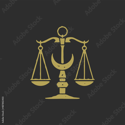 Retro scales with hanged bowls and half moon symbol of balance, harmony, equality, wisdom grunge