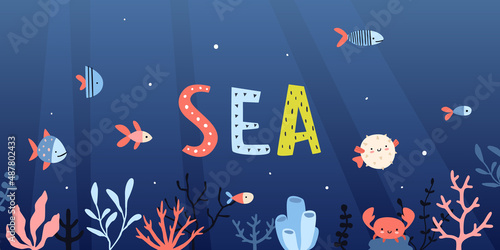 Dark blue sea bottom with cute fishes and seaweed. Horizontal underwater ocean banner.