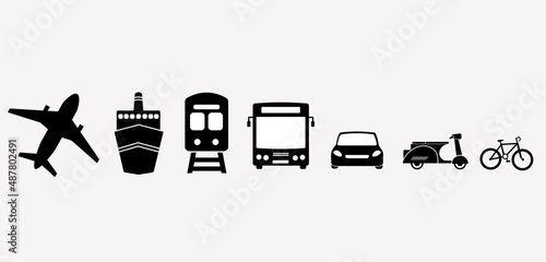 Transportation icon set. Taxi car, airplane, public bus, bike, scooter, trolleybus, train, ship and auto signs. Transport black silhouette collection. Travel concept. Vector isolated on white