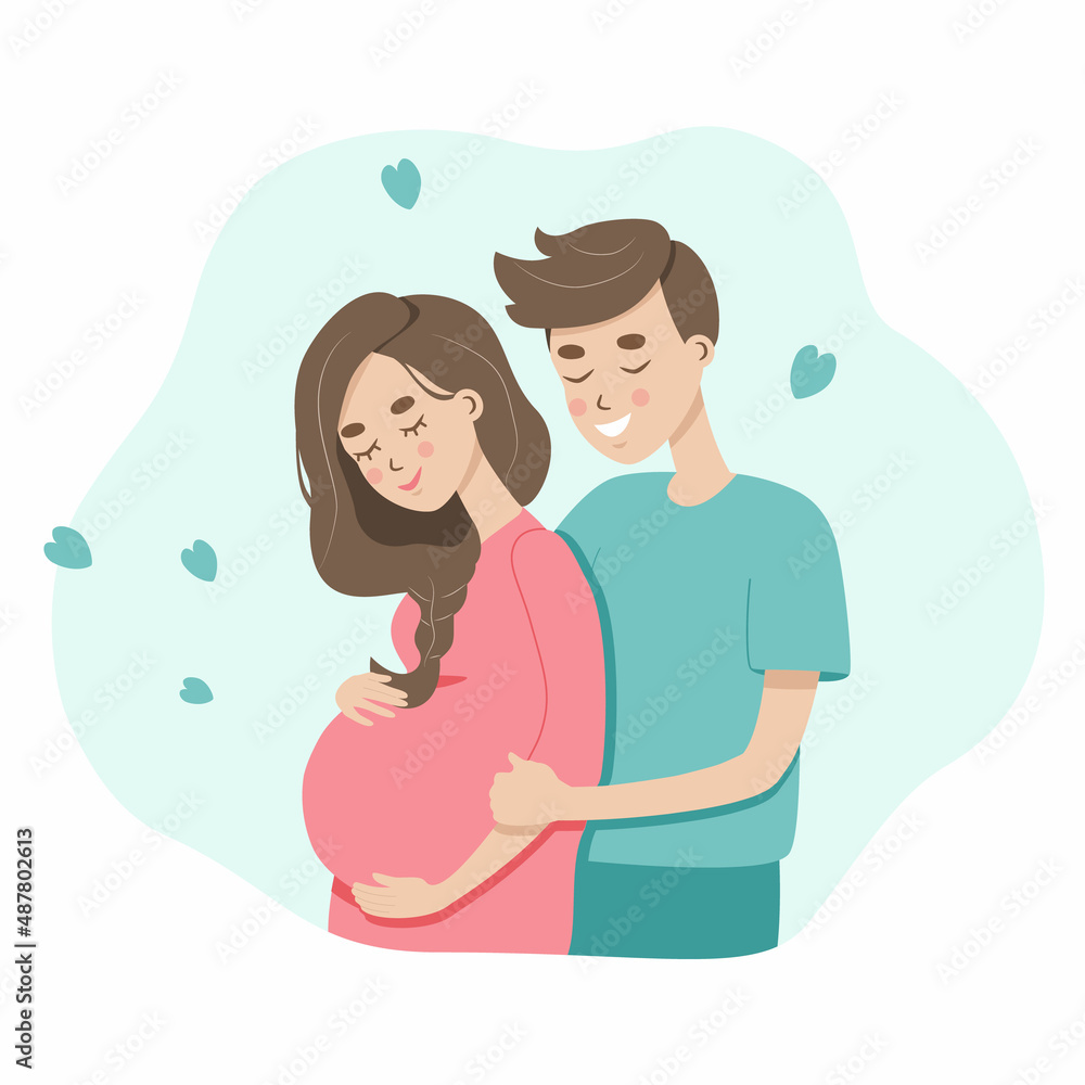 Flat illustration about young couple expacting a child birth. Young pregnant woman with her man, two happy parents. A husband takes care and hugs his wife. Vector isolated on white background Flat illustration about young couple expacting a child birth. Young pregnant woman with her man, two happy parents. A husband takes care and hugs his wife. Vector isolated on white background