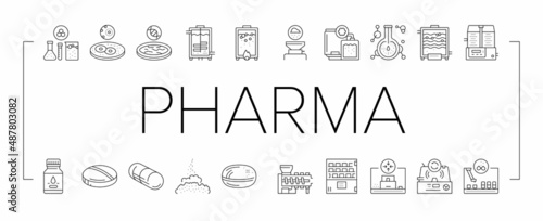 Pharmaceutical Production Factory Icons Set Vector .