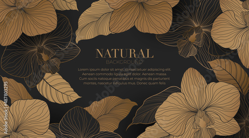 Luxury gold orchid on dark background. background with line arts flowers and leaves surrounded by in a minimalist style. Template of greeting card or invitation, prints. Vector illustration