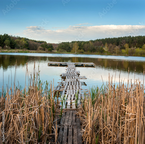 wooden rural bridge on a cozy lake, pier among the reeds, panoramic view of t...