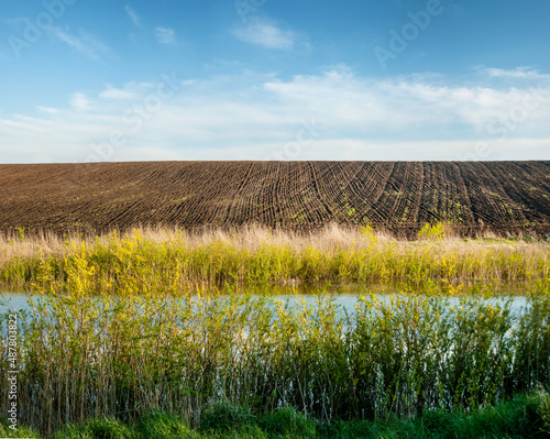 Agricultural landscape of arable land by the river with reed  irrigation