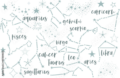 Collection of constellations, mystical and magical, astrology illustrations and elements. Stars, constellations. Flat vector illustration.