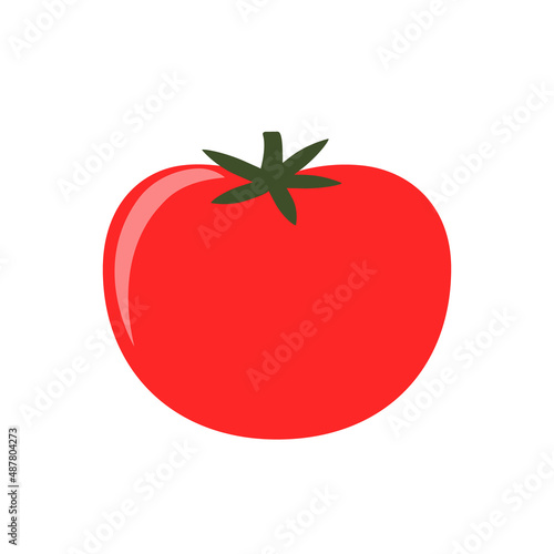 Red tomato with a green leaf. A color vector image in a primitive style.