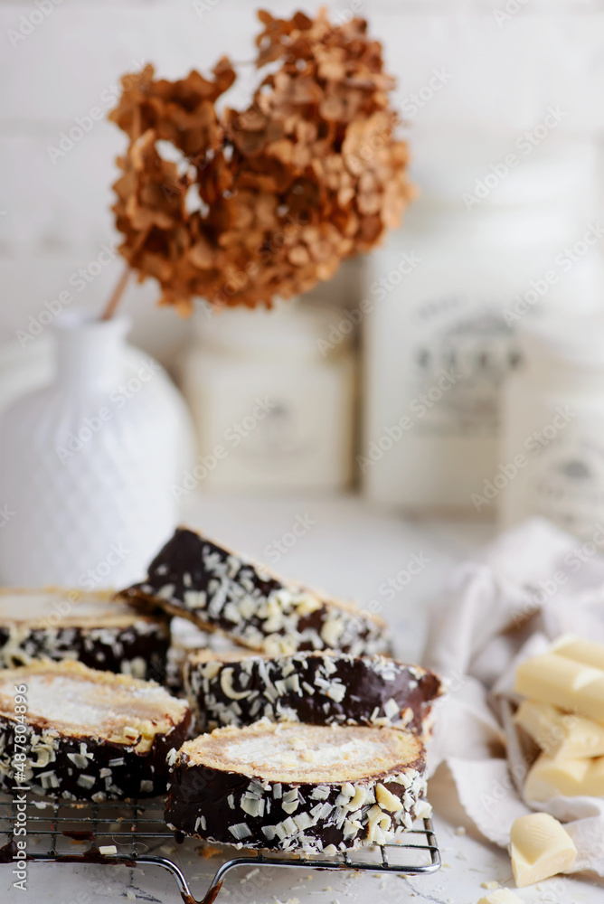 Tiramisu swiss roll. rustic photo Tiramisu swiss roll. rustic photo