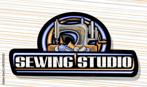 Vector logo for Sewing Studio, dark decorative sign board with illustration of old sewing machine and unique brush lettering for gray words sewing studio on striped background