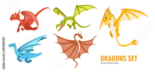 Set of varicoloured fabulous dragons from different form on white background. Vector magic dragons characters in cartoon style.
