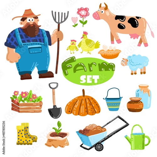 Set of farm elements. Agriculture, Gardening Cartoon Style