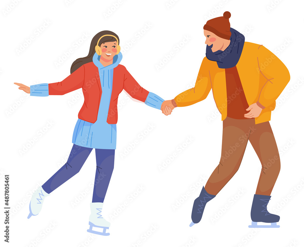 Young man and woman skating. Winter ice activity Young man and woman skating. Winter ice activity