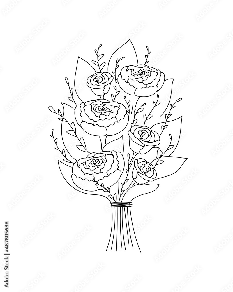Fototapeta premium Bouquet with garden and wild flowers vector doodle illustration.