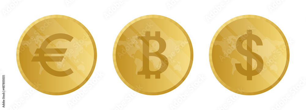 Bitcoin, dollar and euro gold coin. Bitcoin crypto currency in realistic style. Virtual money isolated on white background. Vector illustration. Bitcoin, dollar and euro gold coin. Bitcoin crypto currency in realistic style. Virtual money isolated on white background. Vector illustration.