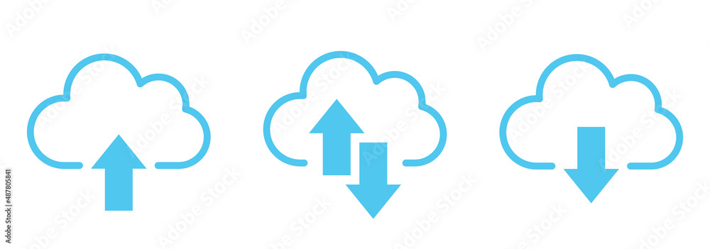 Collection cloud with arrow line icon. Upload and download cloud arrow vector symbols. Clouds with arrows up and down isolated blue signs. - obrazy, fototapety, plakaty 